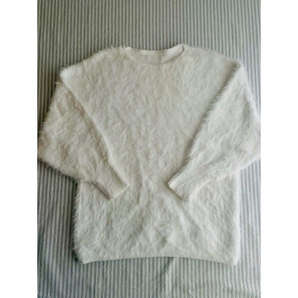 White Eyelash Knit Fuzzy Sweater Crew Neck Long Sleeve Plush Pullover Cozy L/XL